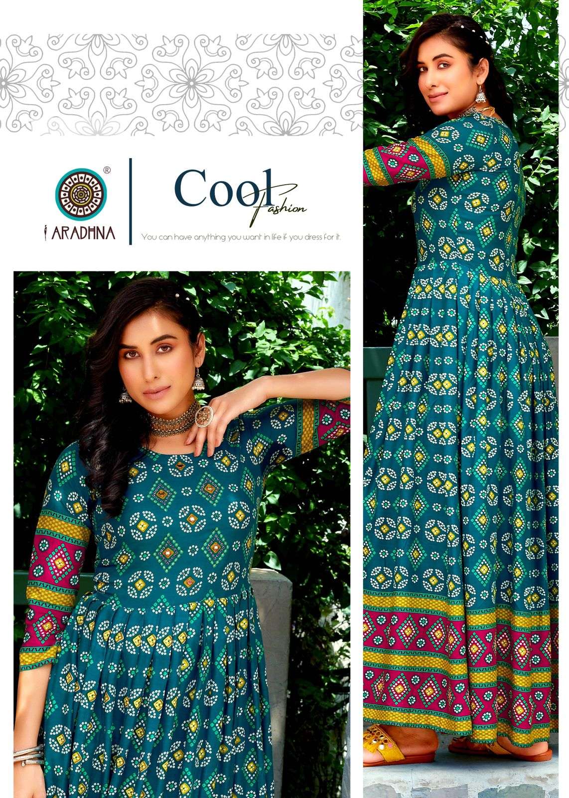BANDHANI VOL 4 RAYON BANDHANI PRINT EMBROIDERY WORK LIVA TAG LONG GOWN KURTI BY ARADHNA BRAND 4001 C